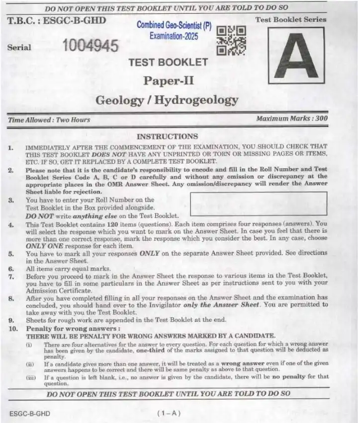 UPSC Geo-Scientist Paper II 2025 Geology & Hydrogeology (Prelims) — page 1 instructions scan PDF download