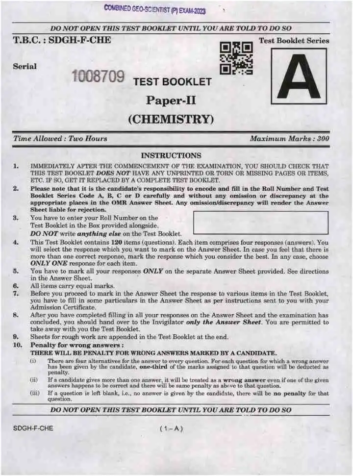 UPSC Combined Geo-Scientist 2023 Chemistry Paper II question paper page 1 instructions scan PDF download