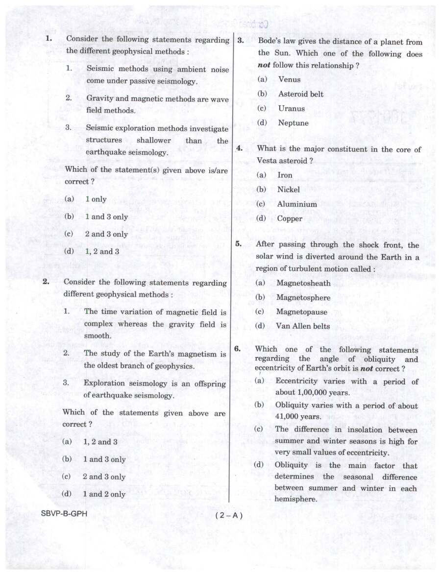 UPSC Combined Geo-Scientist 2024 Paper II Geophysics question paper page 1 instructions scan PDF download