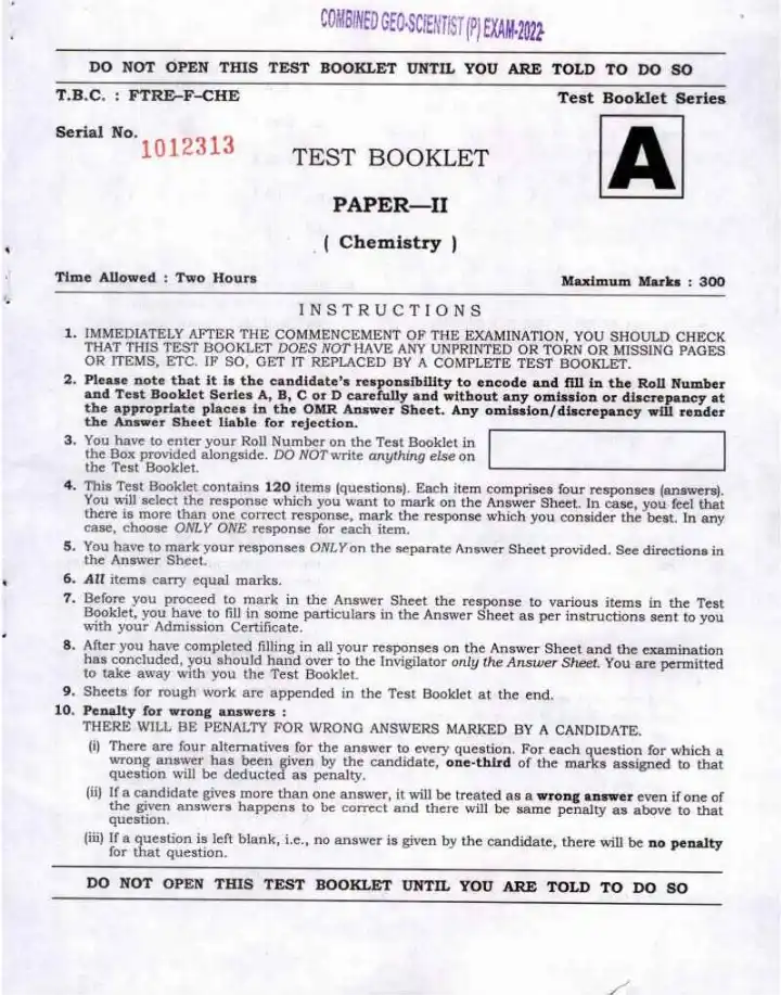 UPSC Combined Geo-Scientist 2022 Preliminary exam Paper II Chemistry question paper page 1 instructions scan PDF download