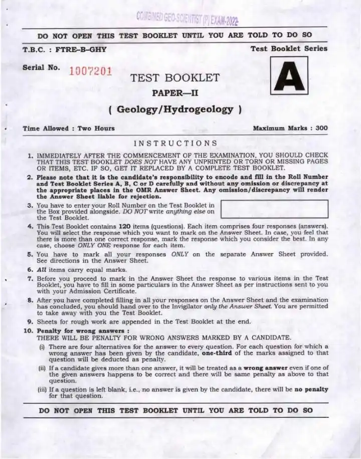 UPSC Combined Geo-Scientist 2022 Paper II Geology & Hydrogeology question paper page 1 instructions scan PDF download