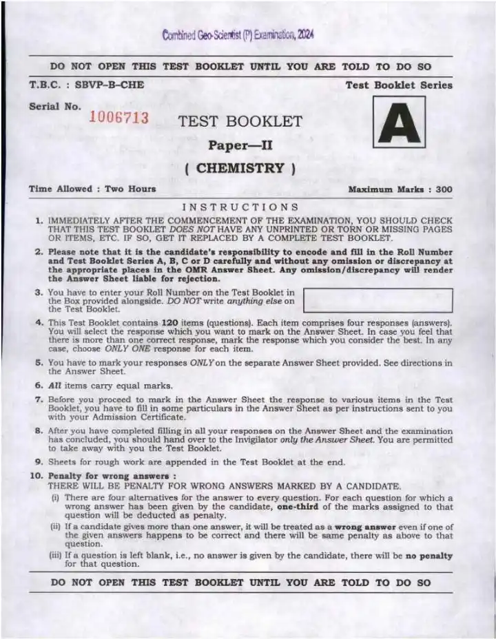 UPSC Combined Geo-Scientist Preliminary Examination 2024 Chemistry Paper II page 1 instructions scan PDF download