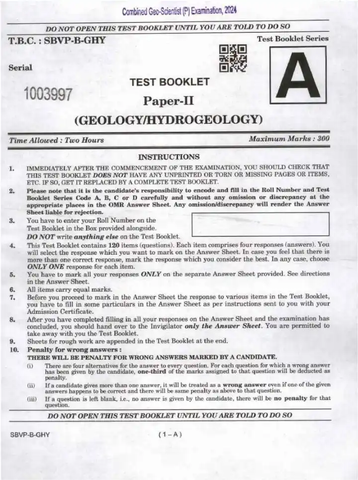 UPSC Combined Geo-Scientist Preliminary Examination 2024 Paper II Geology Hydrogeology question paper page 1 instructions scan PDF download