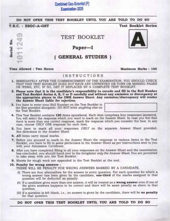 UPSC Combined Geo-Scientist 2025 Preliminary General Studies question paper page 1 instructions scan PDF download