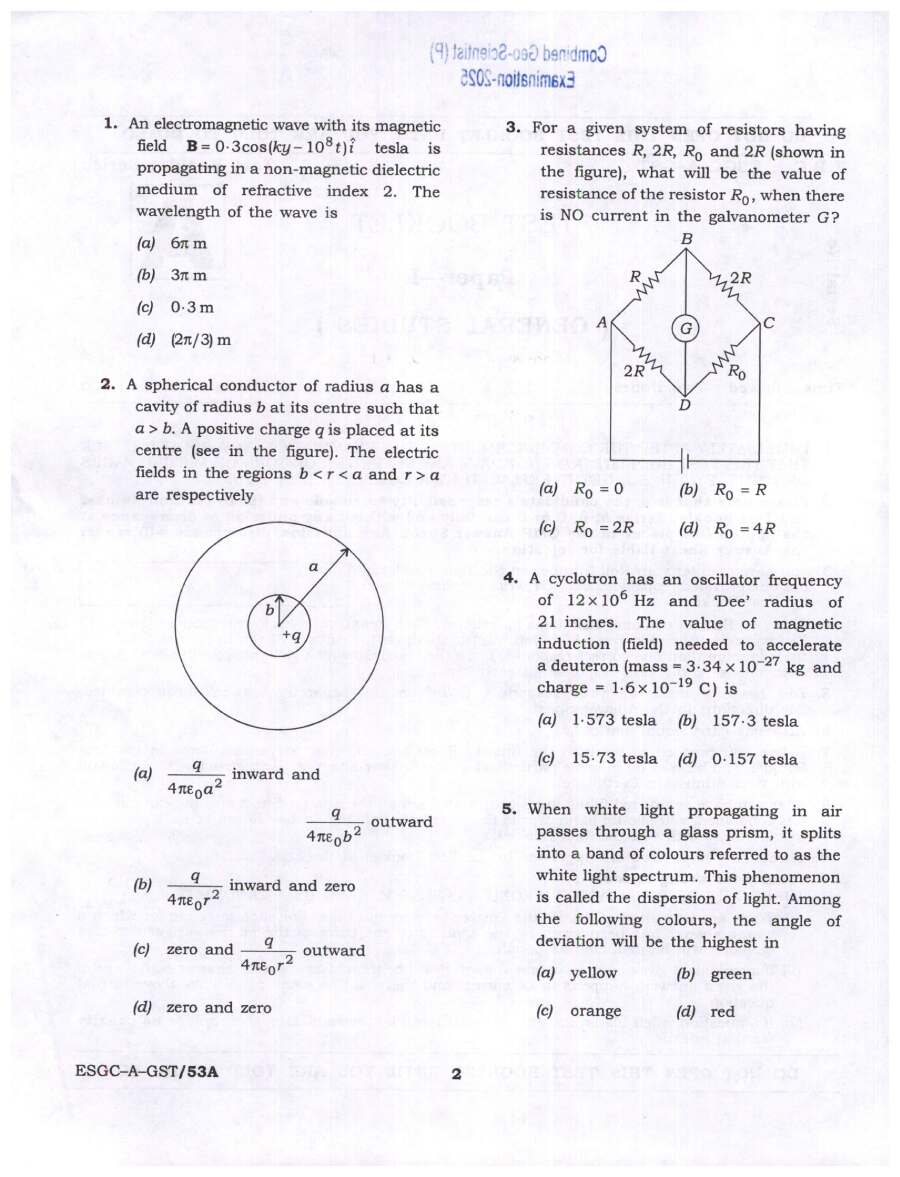 UPSC Combined Geo-Scientist 2025 Preliminary General Studies question paper page 1 instructions scan PDF download