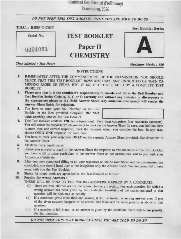 UPSC Combined Geo-Scientist 2026 Chemistry Paper II question paper page 1 instructions scan PDF download