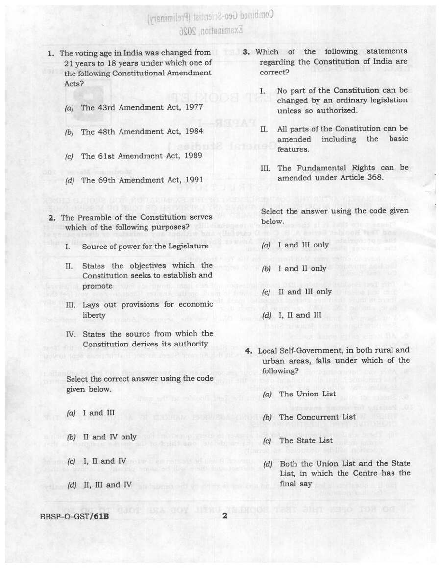 UPSC Combined Geo-Scientist Preliminary Examination 2026 Paper I General Studies question paper page 1 instructions scan PDF download