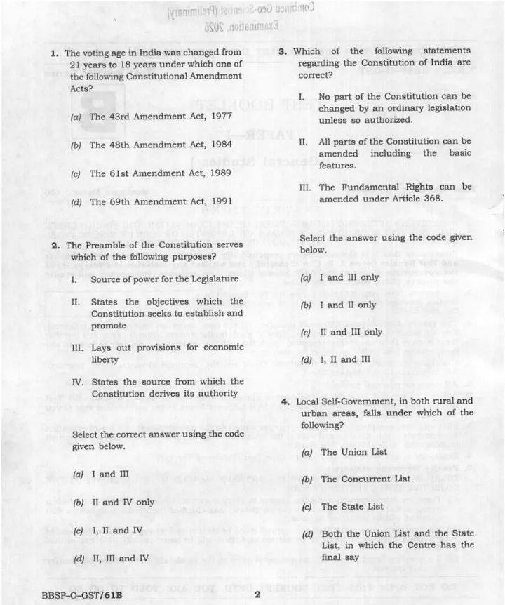 UPSC Combined Geo-Scientist Preliminary Examination 2026 Paper I General Studies question paper page 1 instructions scan PDF download