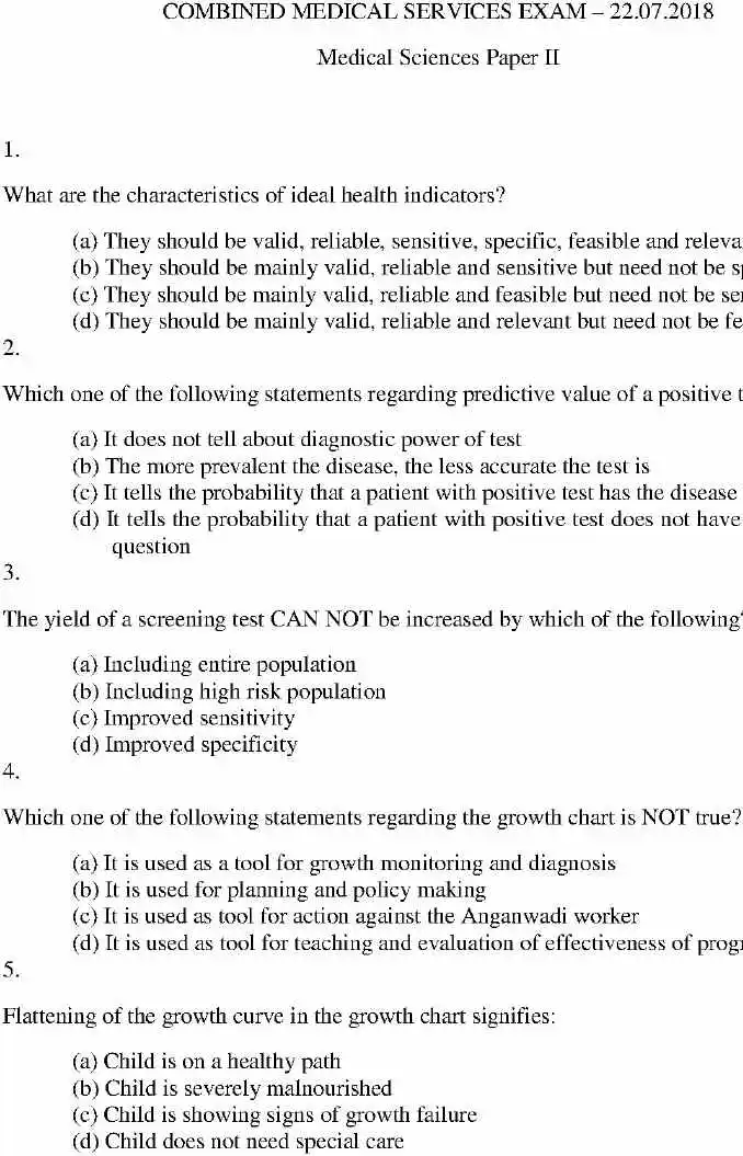 UPSC CMS 2018 Medical Sciences Paper II question paper page 1 instructions scan PDF download