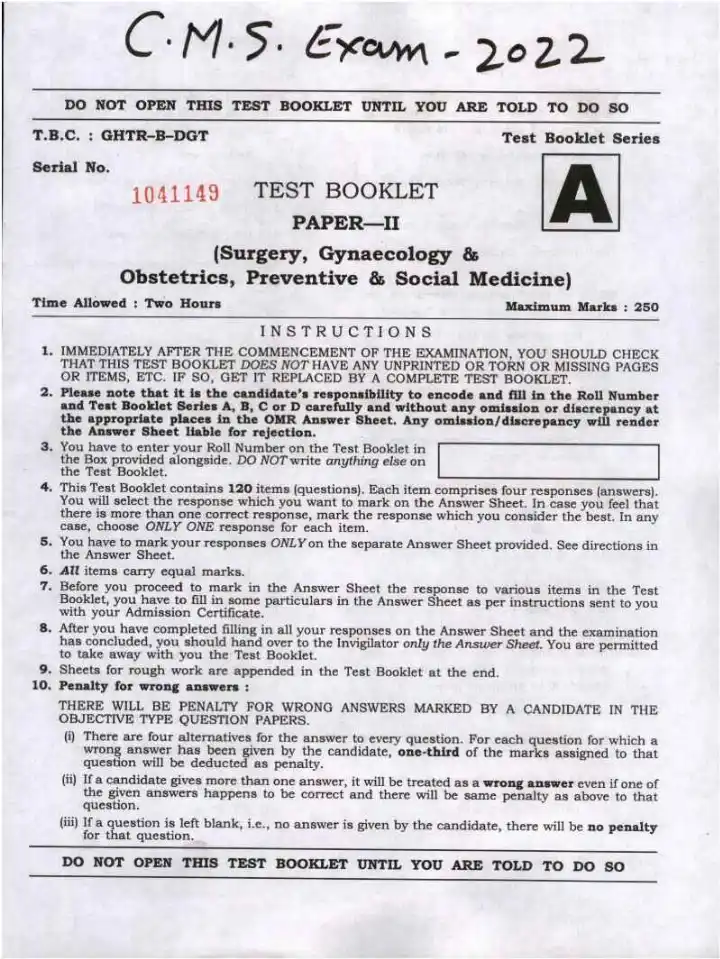 UPSC CMS 2022 Paper II Surgery Gynaecology Obstetrics Preventive Social Medicine question paper page 1 instructions scan PDF download