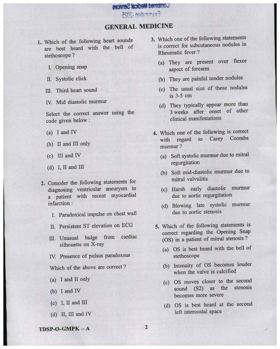UPSC CMS 2025 Paper I General Medicine and Pediatrics question paper page 1 instructions scan PDF download
