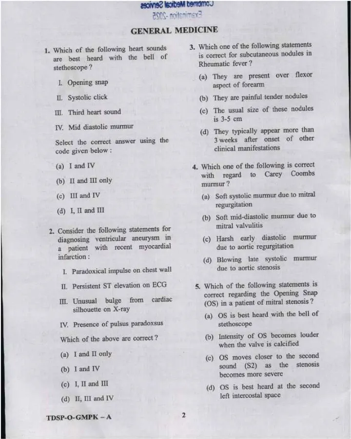 UPSC CMS 2025 Paper I General Medicine and Pediatrics question paper page 1 instructions scan PDF download