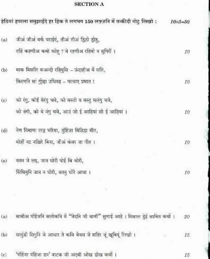 UPSC CS Main 2018 Sindhi (Devanagari) Literature Paper II question paper page 1 instructions scan PDF download