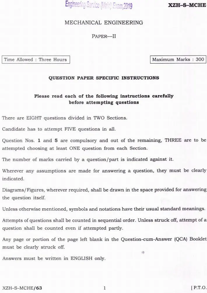 UPSC Engineering Service Main 2019 Mechanical Engineering Paper II question paper page 1 instructions scan PDF download