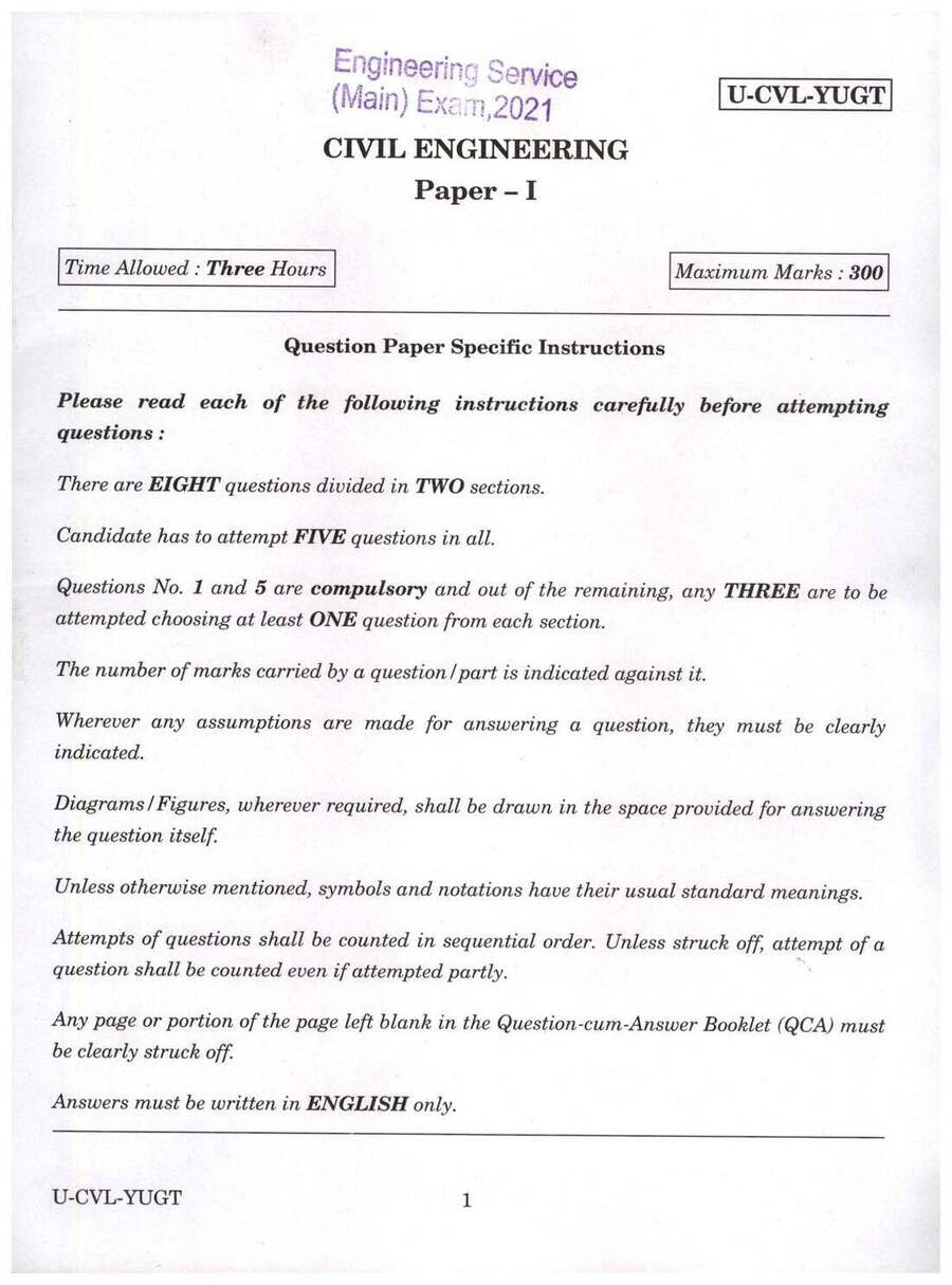 UPSC Engineering Service (Main) Examination 2021 Civil Engineering Paper I page 1 scan showing exam details and instructions. PDF download available.