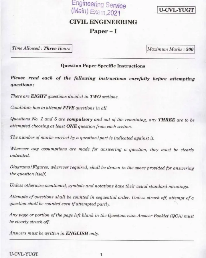 UPSC Engineering Service (Main) Examination 2021 Civil Engineering Paper I page 1 scan showing exam details and instructions. PDF download available.