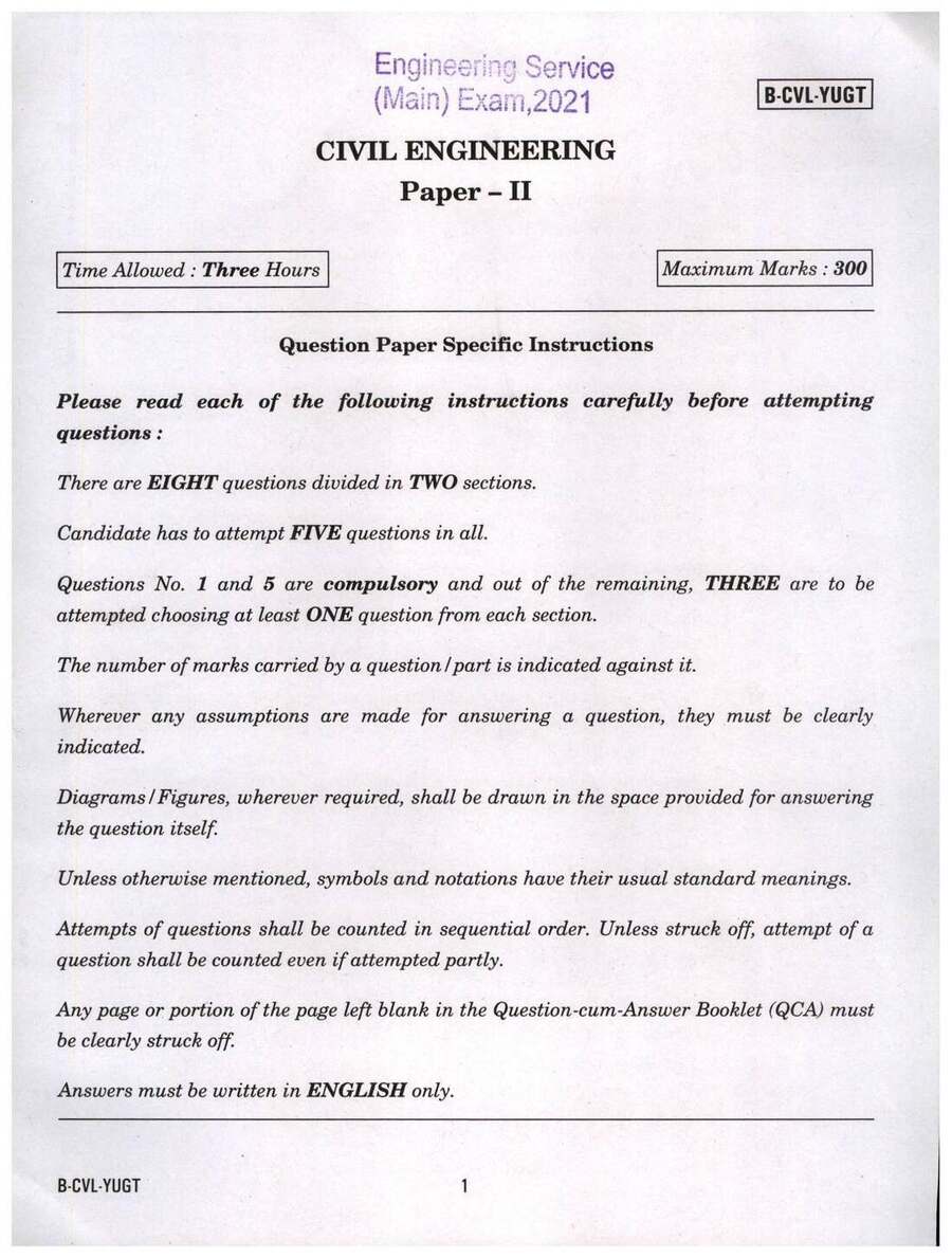 UPSC Engineering Service (Main) Examination 2021 Civil Engineering Paper II question paper page 1 scan, showing exam details and instructions for candidates. PDF download.