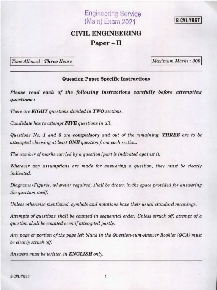 UPSC Engineering Service (Main) Examination 2021 Civil Engineering Paper II question paper page 1 scan, showing exam details and instructions for candidates. PDF download.