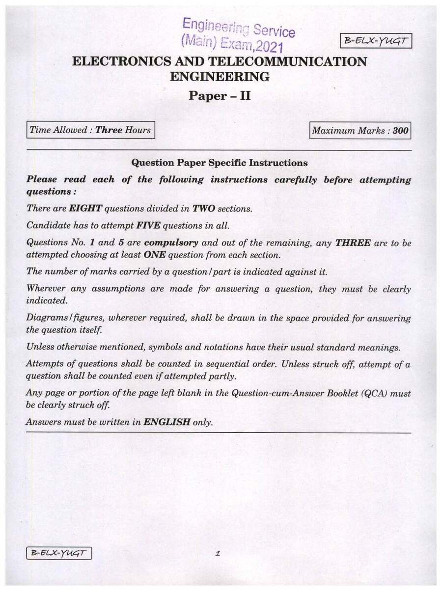 UPSC Engineering Service Main 2021 Electronics and Telecommunication Engineering Paper II page 1 instructions scan PDF download