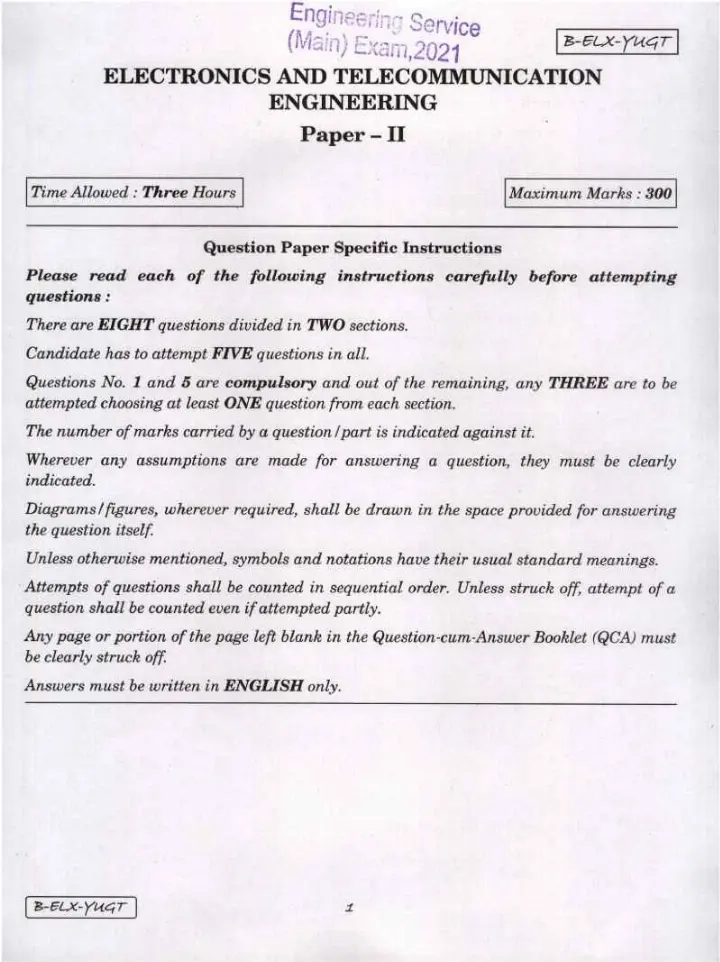 UPSC Engineering Service Main 2021 Electronics and Telecommunication Engineering Paper II page 1 instructions scan PDF download