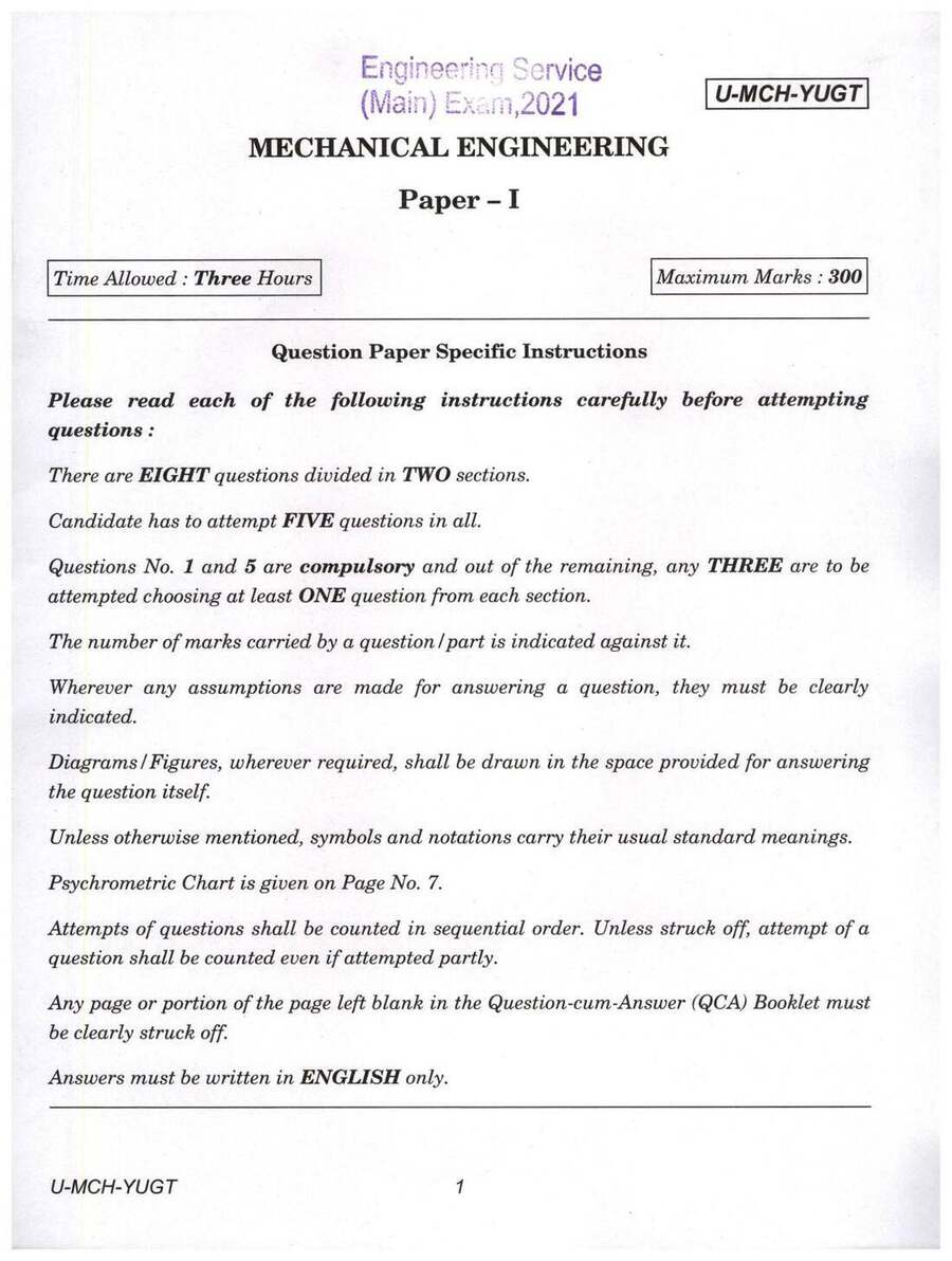 UPSC Engineering Service Main 2021 Mechanical Engineering Paper 1 instructions scan PDF download