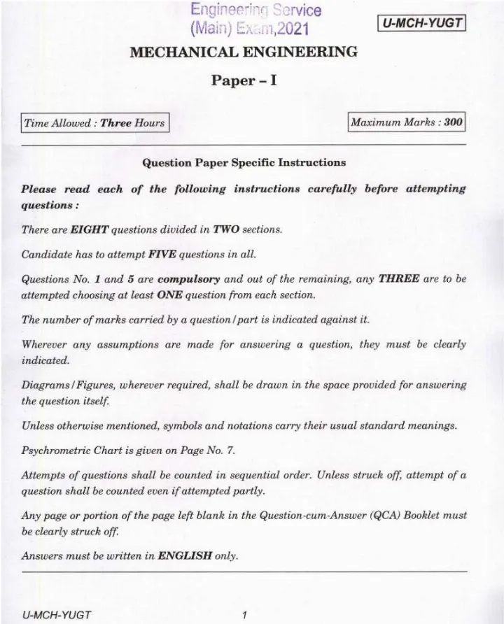 UPSC Engineering Service Main 2021 Mechanical Engineering Paper 1 instructions scan PDF download