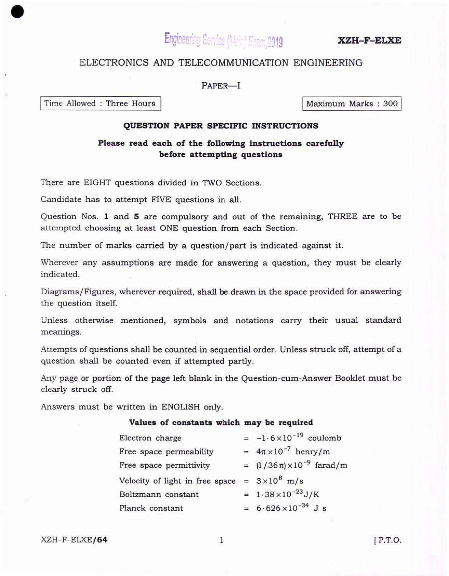 UPSC Engineering Service Main Examination 2019 Electronics and Telecommunication Engineering Paper-I page 1 instructions scan PDF download