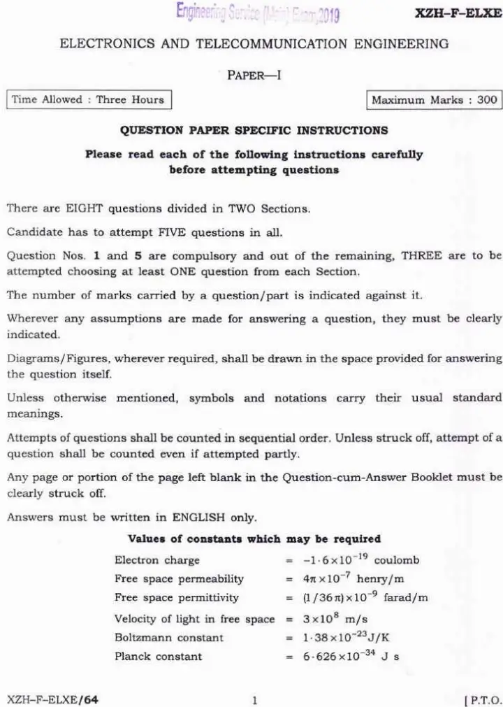 UPSC Engineering Service Main Examination 2019 Electronics and Telecommunication Engineering Paper-I page 1 instructions scan PDF download