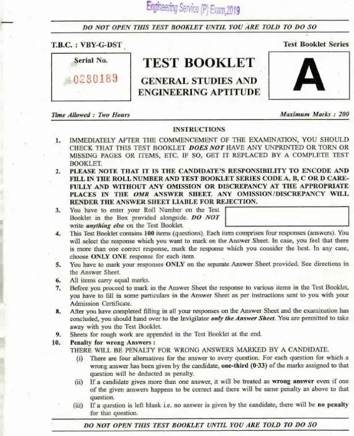 UPSC Engineering Service 2019 General Studies and Engineering Aptitude question paper page 1 instructions scan PDF download