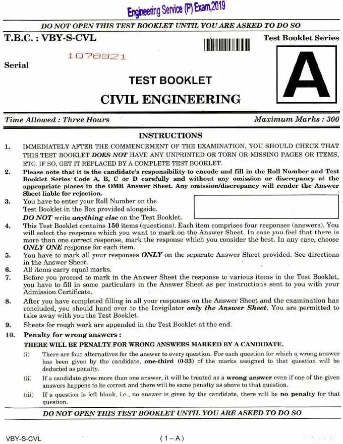 UPSC Engineering Service 2019 Civil Engineering question paper page 1 instructions scan PDF download