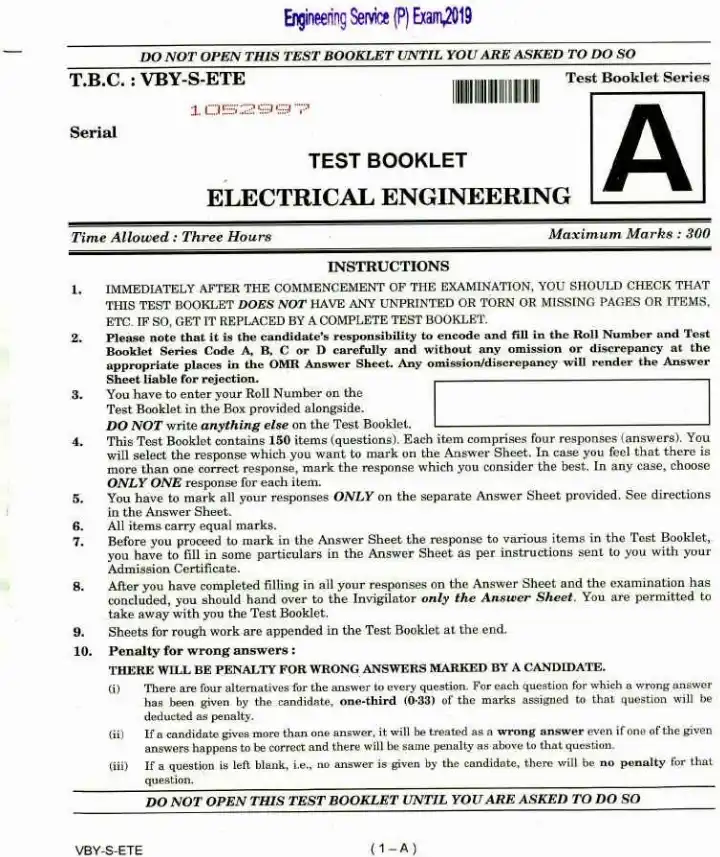 UPSC Engineering Service Preliminary 2019 Electrical Engineering question paper page 1 instructions scan PDF download