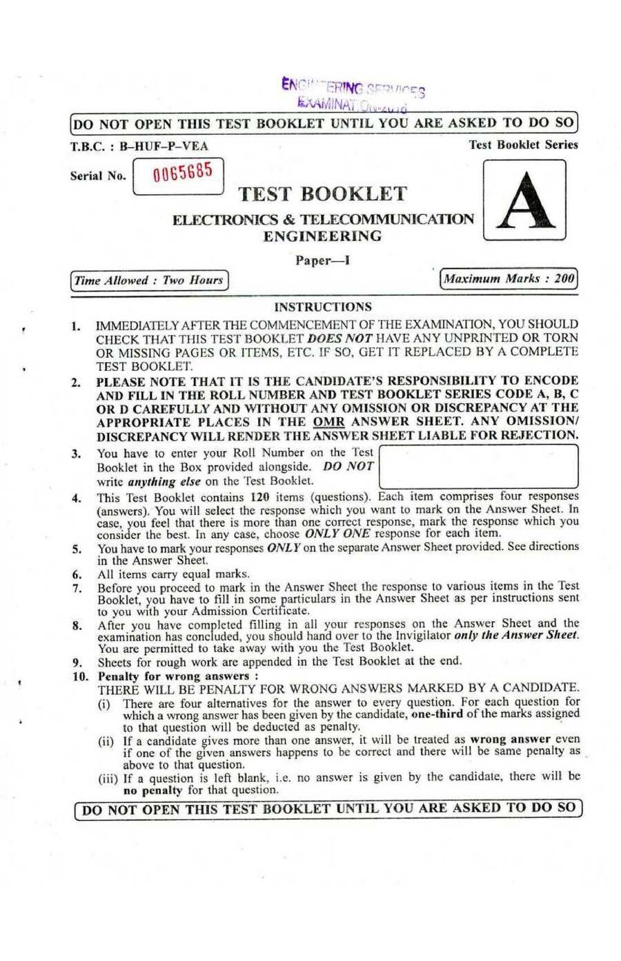 UPSC Engineering Services 2016 Electronics & Telecommunication Paper-I question paper page 1 instructions scan PDF download