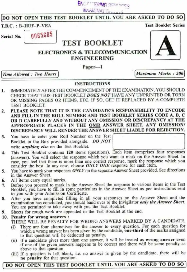 UPSC Engineering Services 2016 Electronics & Telecommunication Paper-I question paper page 1 instructions scan PDF download