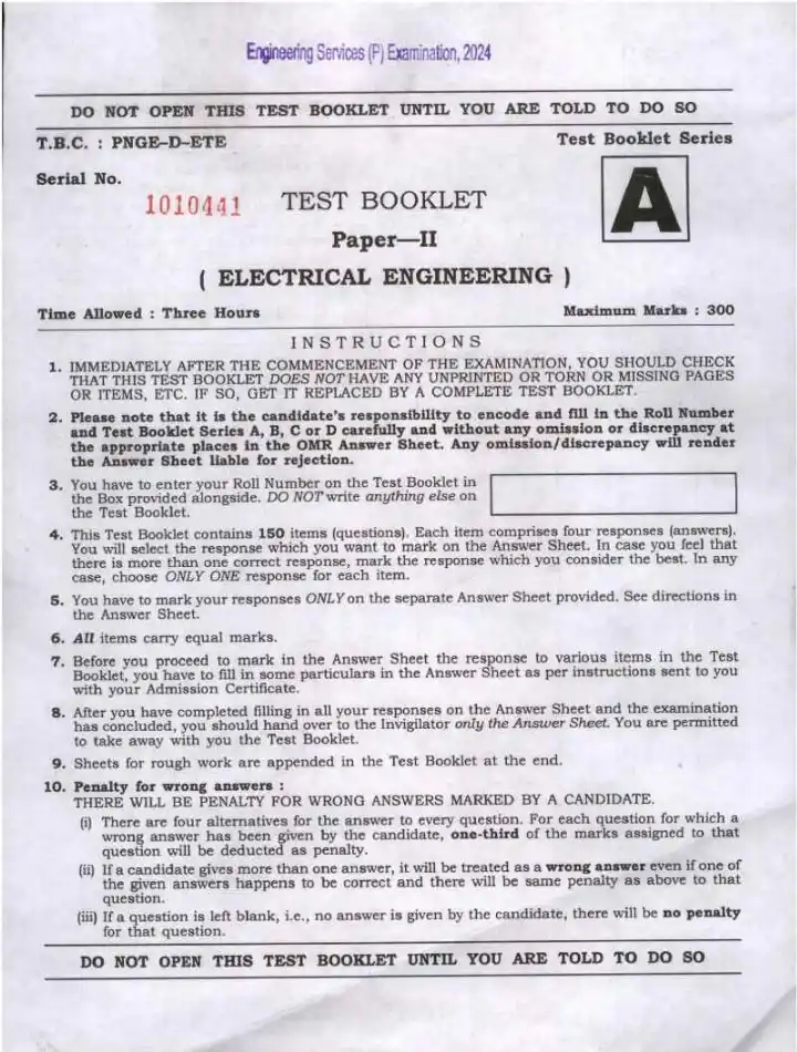 UPSC Engineering Services 2024 Electrical Engineering Paper II question paper page 1 instructions scan PDF download