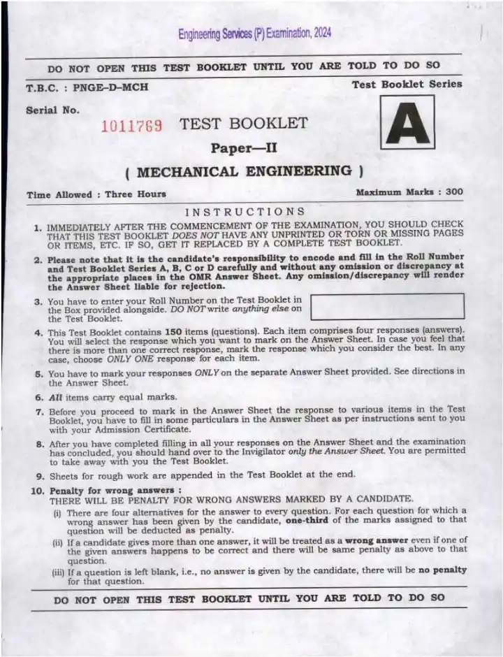 UPSC Engineering Services 2024 Mechanical Engineering Paper II question paper page 1 instructions scan PDF download