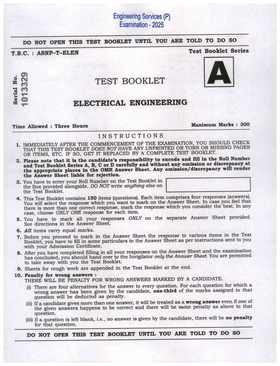 UPSC Engineering Services 2025 Electrical Engineering Paper II question paper page 1 instructions scan PDF download