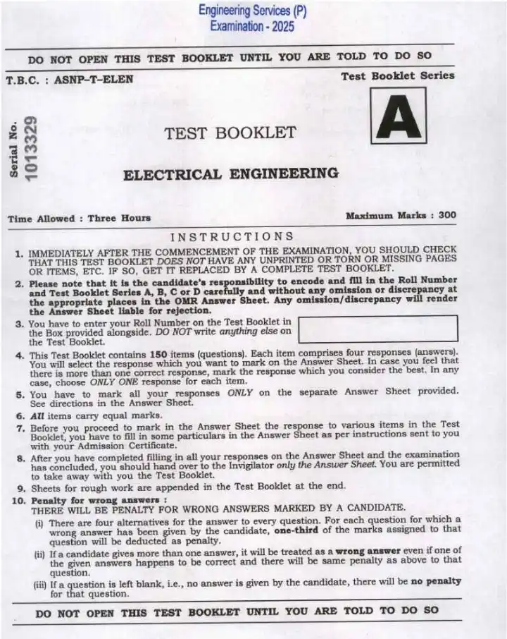 UPSC Engineering Services 2025 Electrical Engineering Paper II question paper page 1 instructions scan PDF download
