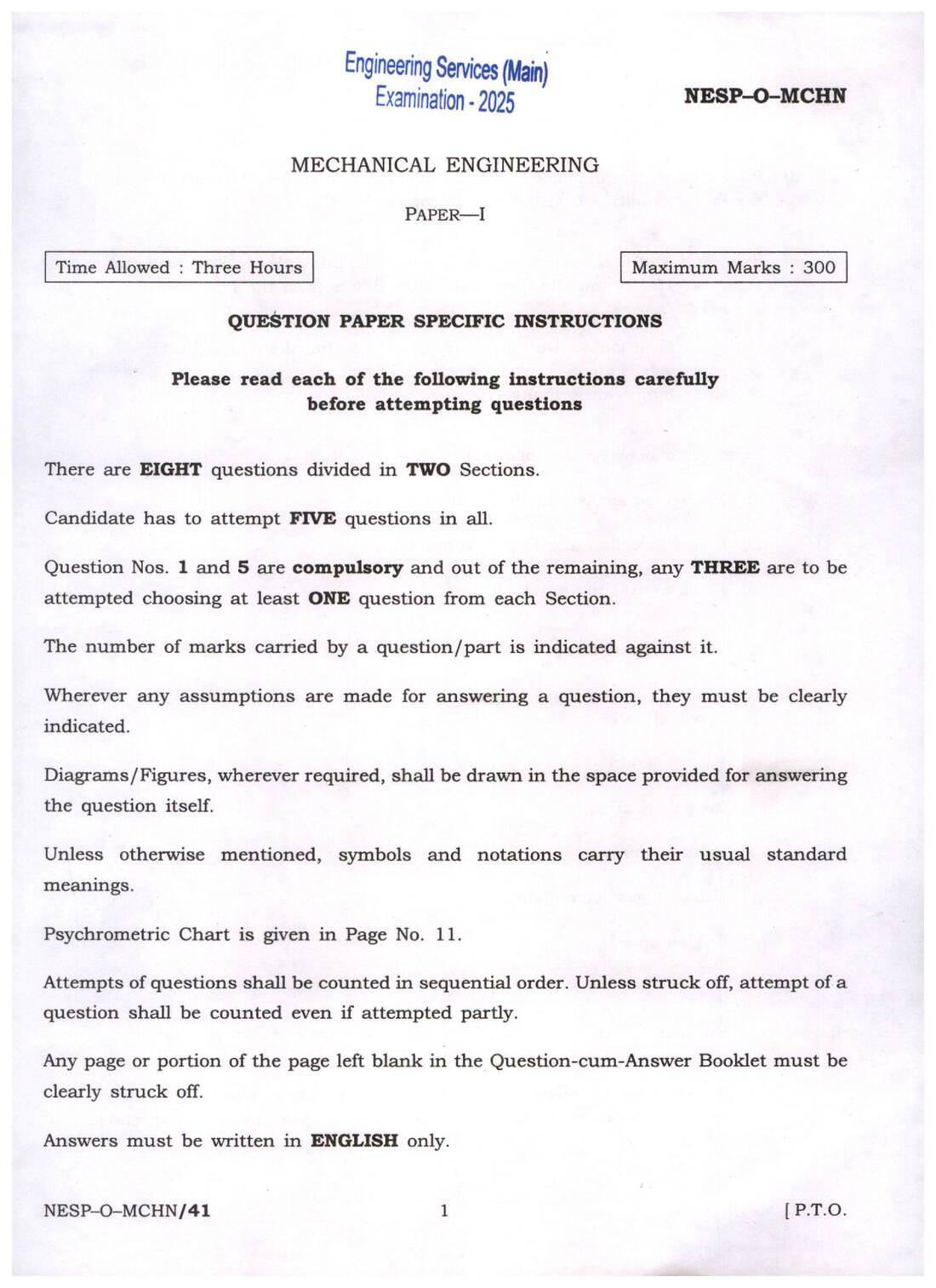 UPSC Engineering Services 2025 Mechanical Engineering Paper I page 1 instructions scan PDF download. Official exam instructions for ESE Main 2025 Mechanical Engineering Paper I.