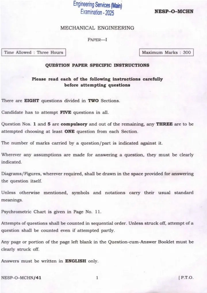 UPSC Engineering Services 2025 Mechanical Engineering Paper I page 1 instructions scan PDF download. Official exam instructions for ESE Main 2025 Mechanical Engineering Paper I.
