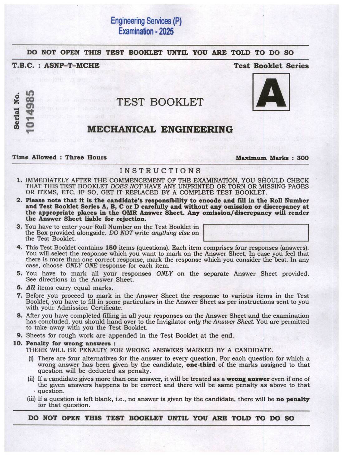 UPSC Engineering Services 2025 Mechanical Engineering Paper II question paper page 1 instructions scan PDF download