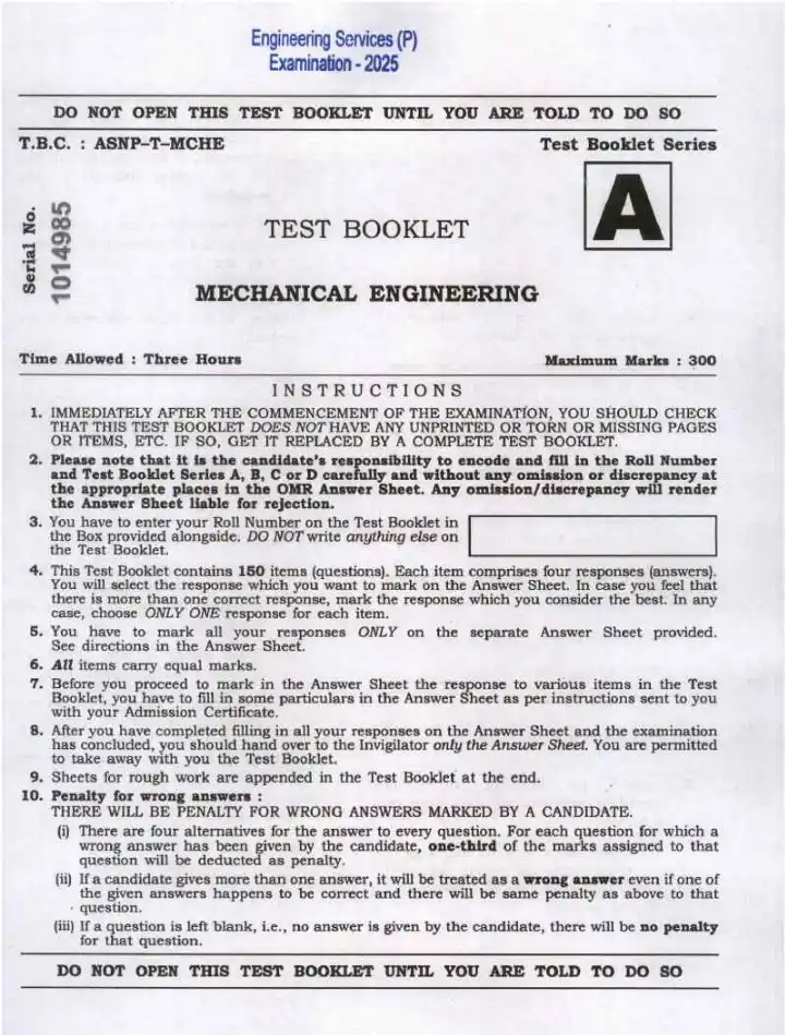 UPSC Engineering Services 2025 Mechanical Engineering Paper II question paper page 1 instructions scan PDF download