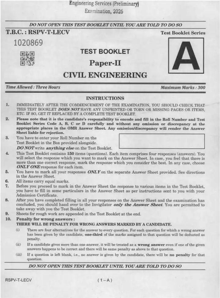 UPSC Engineering Services 2026 Civil Engineering Paper II question paper page 1 instructions scan PDF download for ESE Prelims