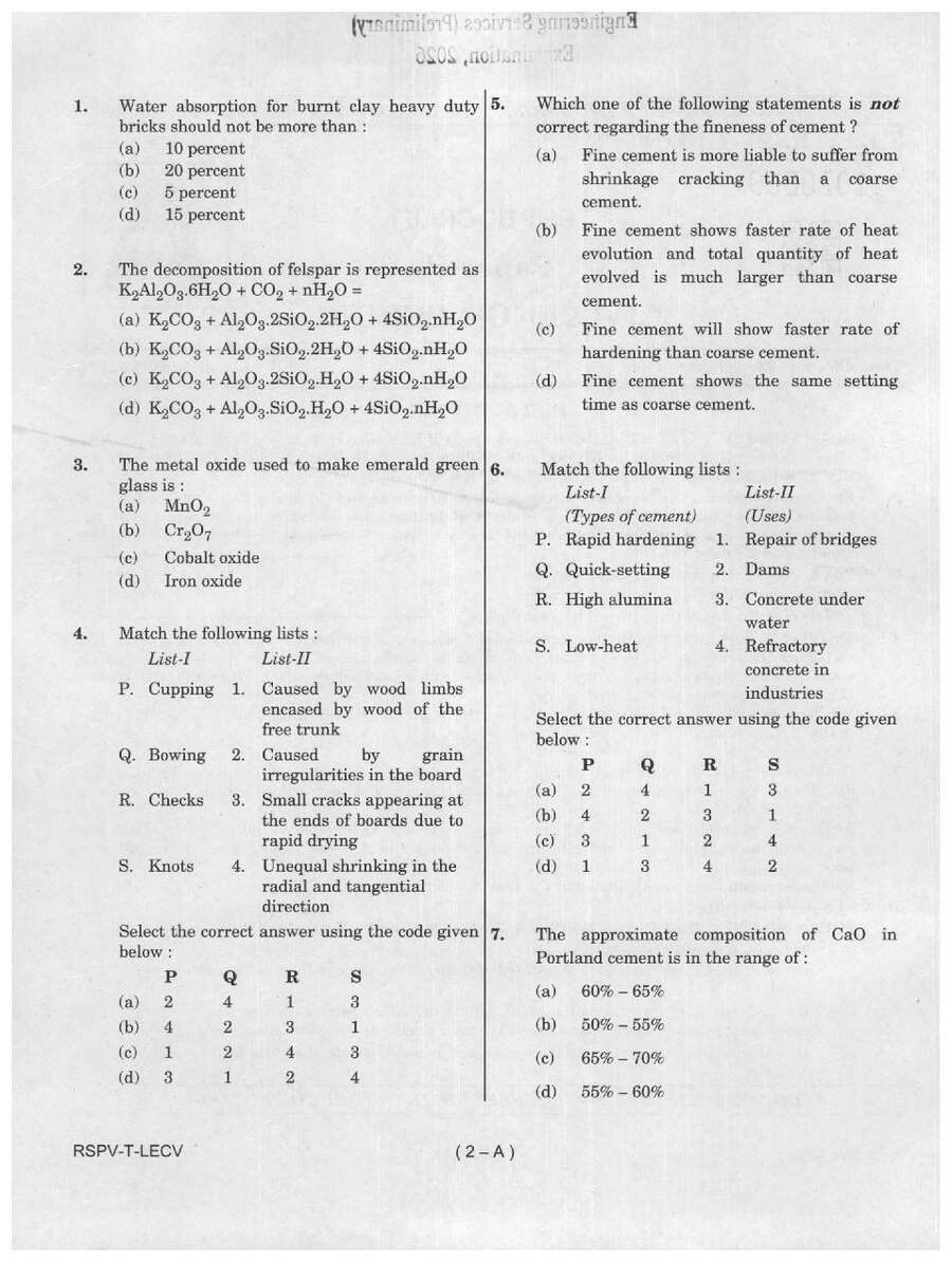 UPSC Engineering Services 2026 Civil Engineering Paper II question paper page 1 instructions scan PDF download for ESE Prelims
