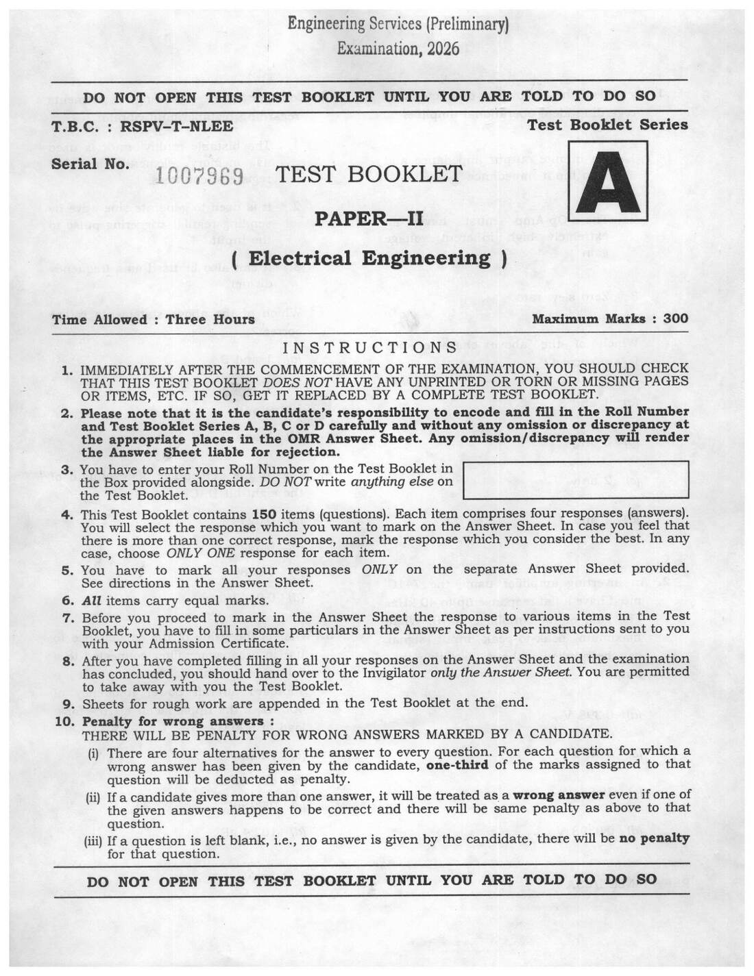 UPSC Engineering Services 2026 Electrical Engineering Paper II question paper page 1 instructions scan PDF download. Features exam header, time allowed, maximum marks, and detailed instructions for candidates.