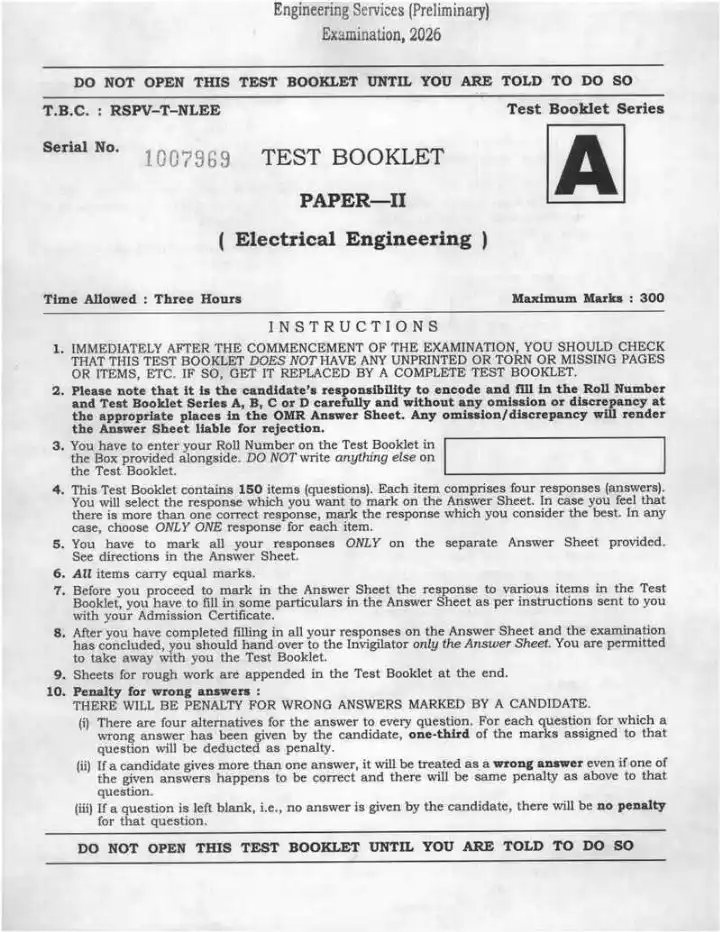 UPSC Engineering Services 2026 Electrical Engineering Paper II question paper page 1 instructions scan PDF download. Features exam header, time allowed, maximum marks, and detailed instructions for candidates.