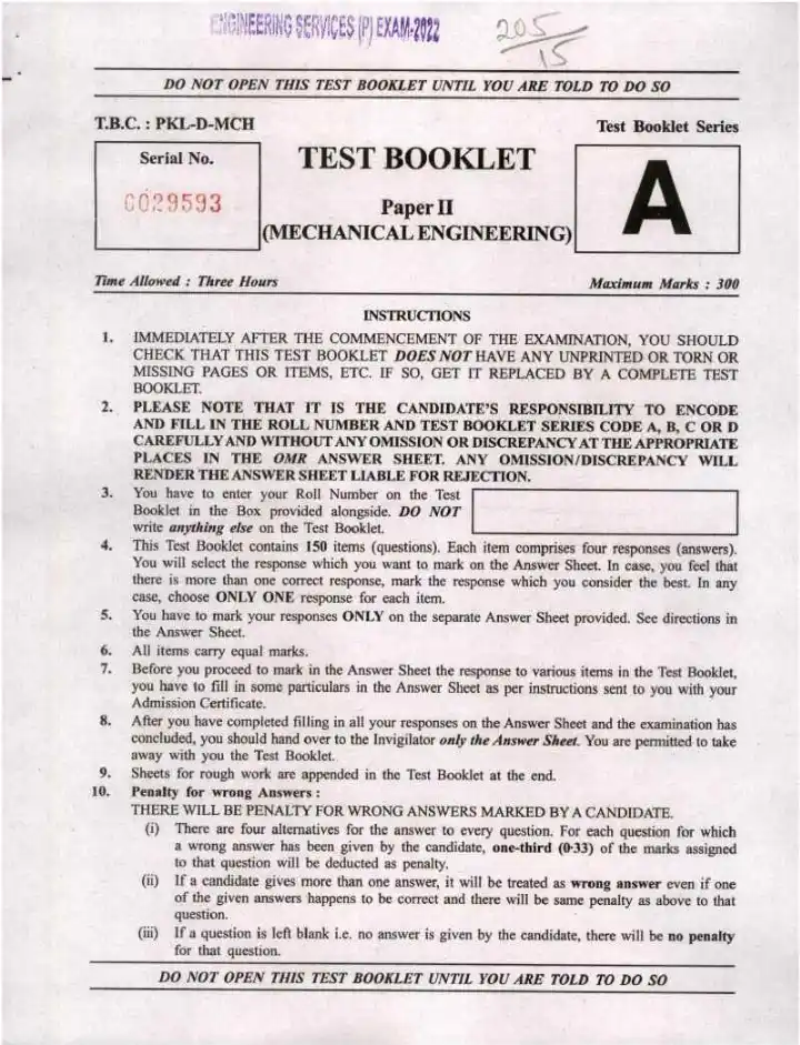 UPSC Engineering Services Exam 2022 Mechanical Engineering Paper II question paper page 1 instructions scan PDF download