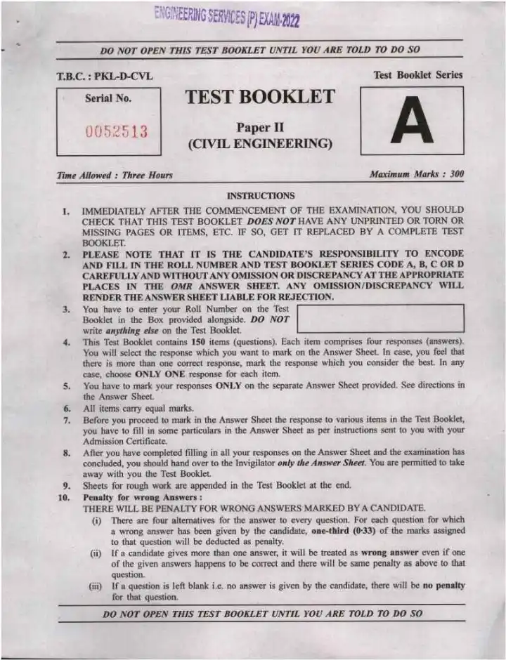 UPSC Engineering Services Exam 2022 Paper II Civil Engineering question paper page 1 instructions scan PDF download