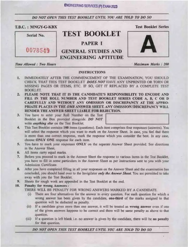 UPSC Engineering Services Exam 2023 General Studies and Engineering Aptitude Paper I question paper page 1 instructions scan PDF download
