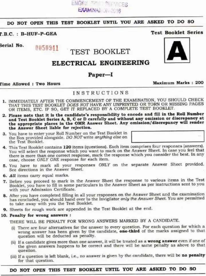 UPSC Engineering Services Examination 2016 Electrical Engineering Paper I question paper page 1 instructions scan PDF download