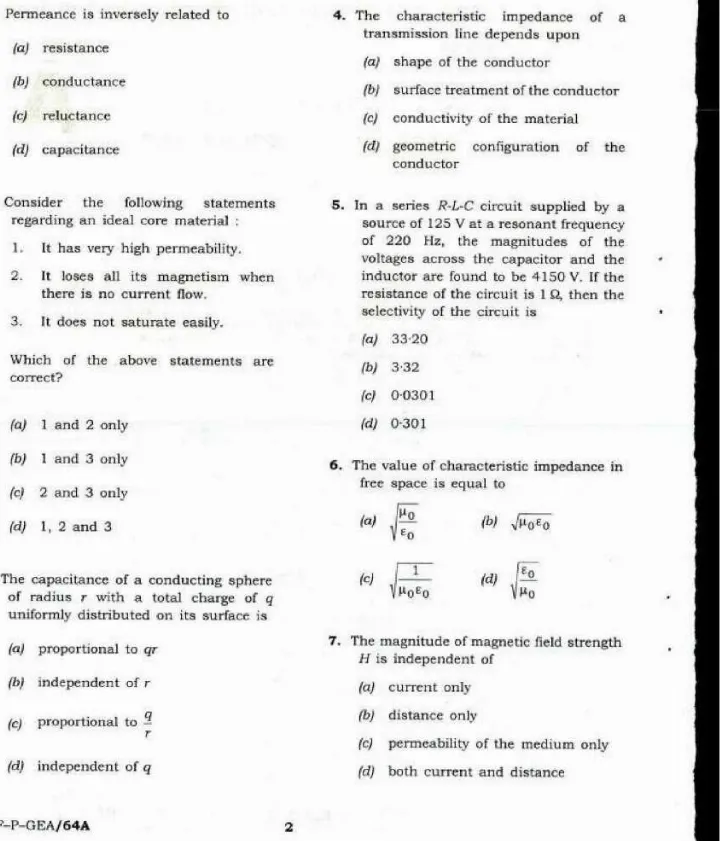 UPSC Engineering Services Examination 2016 Electrical Engineering Paper I question paper page 1 instructions scan PDF download